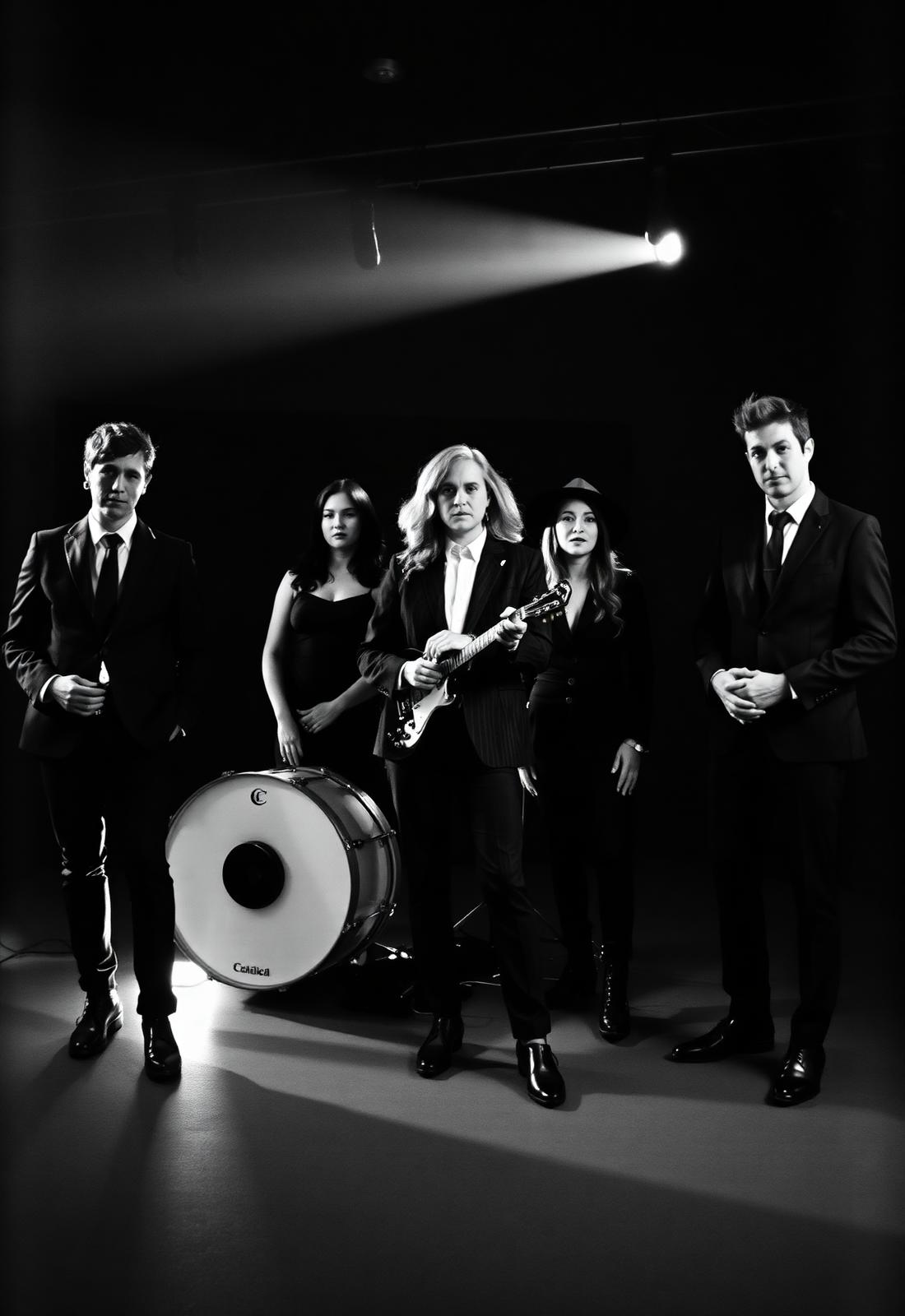Studio portrait of five-piece band The Midnight Order